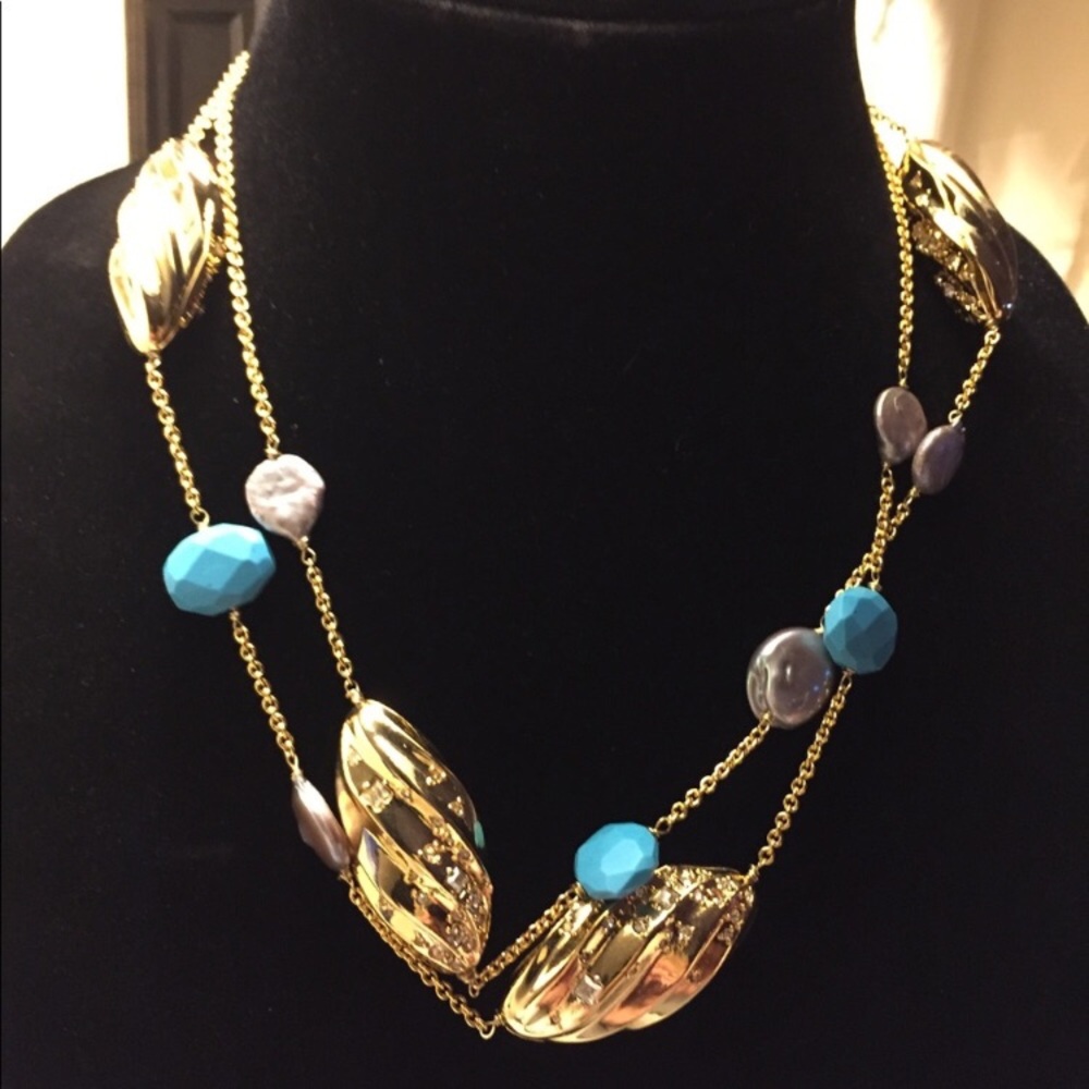 Alexis Bittar Gold-Tone Double Chain Necklace with Turquoise and Gray Beads